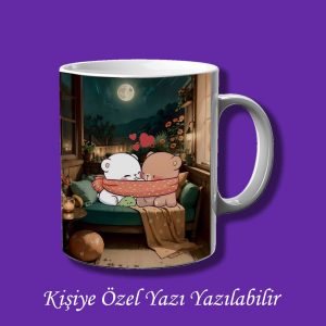 Sevgili ve Eşlere Özel Ayıcık Tasarımlı Yazı Yazılabilir Çiftyön Baskılı Renkli Kupa Bardak