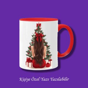 Kişiye ve İsme Özel Yılbaşı Tasarımlı Çam Ağacı ve Oturan Kız Kupa Bardak