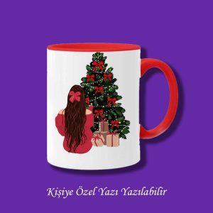 Kişiye ve İsme Özel Yılbaşı Tasarımlı Çam Ağacı ve Oturan Kız Kupa Bardak