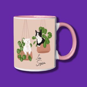 Kedilere Özel Beyaz ve Siyah Kedi Tasarımlı Pembe Kupa Bardak