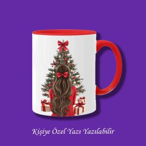 Yılbaşı Tasarımlı Çam Ağacı Tekli Kız Baskılı İsim Yazılabilir Kupa Bardak