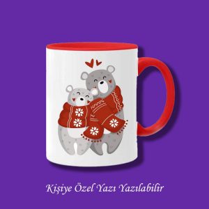 Sevgili ve Eşlere Özel Ayıcık Tasarımlı İsim Yazı Yazılabilir Kırmızı Kupa Bardak
