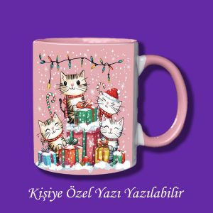 Kişiye ve İsme Özel Kedicikli Yılbaşı Tasarımlı İsme Özel Kupa Bardak