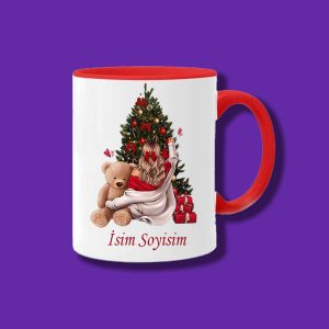Kişiye ve İsme Özel Yılbaşı Tasarımlı Çam Ağacı ve Ayıcıklı Kız Kupa Bardak