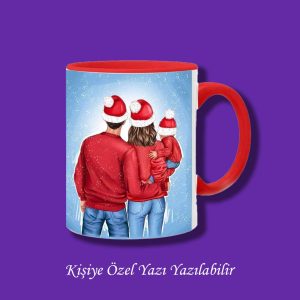 Kişiye Özel Yılbaşı Temalı 3 Kişilik Aile Portresi Baskılı İsim ve Yazı Yazılabilir Yılbaşı Kupası