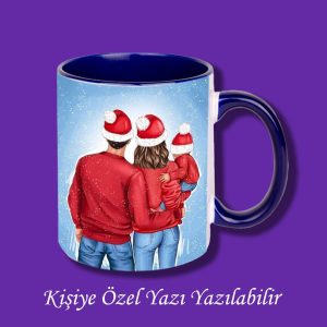 Kişiye Özel Yılbaşı Temalı 3 Kişilik Aile Portresi Baskılı İsim ve Yazı Yazılabilir Yılbaşı Kupası