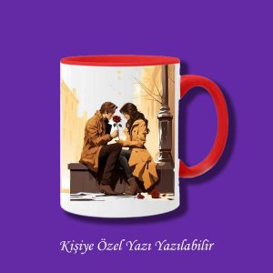 Sevgili ve Çiftlere Özel Bankta Oturan Sevgililer Tasarımlı Renkli Kupa Bardak Modelleri
