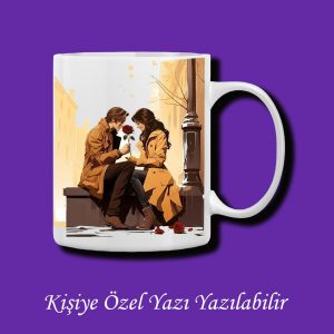 Sevgili ve Çiftlere Özel Bankta Oturan Sevgililer Tasarımlı Renkli Kupa Bardak Modelleri