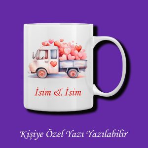 Sevgililere ve Eşlere Özel Sevgi Kamyonu Tasarımlı İsim ve Yazı Yazılabilir Renkli Kupa Bardak
