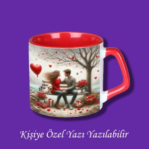 Sevgili ve Çiftlere Özel Bankta Oturan Sevgili ve Köpek Tasarımlı İsim Yazılabilir Kupa Bardak