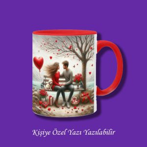 Sevgili ve Çiftlere Özel Bankta Oturan Sevgili ve Köpek Tasarımlı İsim Yazılabilir Kupa Bardak