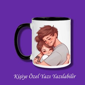 Sevgili ve Eşlere Özel Sarılan Sevgili Tasarımlı İsim ve Yazı Yazılabilir Renkli Kupa Bardak