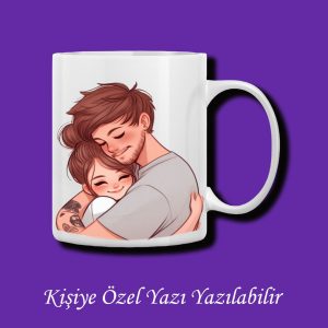 Sevgili ve Eşlere Özel Sarılan Sevgili Tasarımlı İsim ve Yazı Yazılabilir Renkli Kupa Bardak