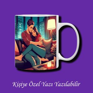 Sevgili ve Eşlere Özel Sarılan Sevgili Tasarımlı Çiftyön Baskılı İsim Yazı Yazılabilir Kupa Bardak
