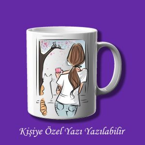 Pencereden Bakan Kedi ve Kız Tasarımlı İsim Yazı Yazılabilir Kişiye Özel Kupa Bardak
