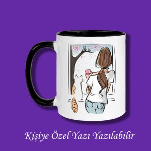 Pencereden Bakan Kedi ve Kız Tasarımlı İsim Yazı Yazılabilir Kişiye Özel Kupa Bardak