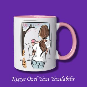 Pencereden Bakan Kedi ve Kız Tasarımlı İsim Yazı Yazılabilir Kişiye Özel Kupa Bardak