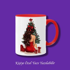 Kişiye Özel Yılbaşı Temalı Çam Ağacı ve Kırmızı Elbiseli Kız Tasarımlı İsim Yazılabilir Kupa Bardak