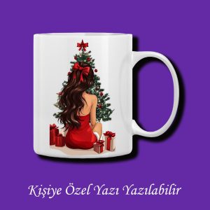 Kişiye Özel Yılbaşı Temalı Çam Ağacı ve Kırmızı Elbiseli Kız Tasarımlı İsim Yazılabilir Kupa Bardak