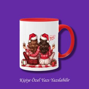 Kişiye Özel Yılbaşı Temalı Best Friend İki Kız Tasarımlı İsim Yazılabilir Renkli Kupa Bardak