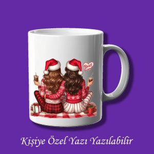 Kişiye Özel Yılbaşı Temalı Best Friend İki Kız Tasarımlı İsim Yazılabilir Renkli Kupa Bardak