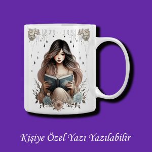 Kitap Okuyan Kız Tasarımlı Yazı Yazılabilir Renkli Kupa Bardak - 2 Model