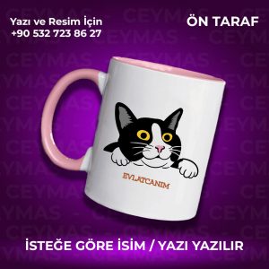 Kişiye Özel İsim Baskılı Siyah Beyaz Kedili Renkli Kupa Bardak