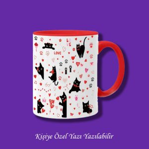 Sevgili, Eş ve Çiftlere Özel Kedi ve Aşk Tasarımlı Çiftyön Baskılı Yazı Yazılabilir Kupa Bardak