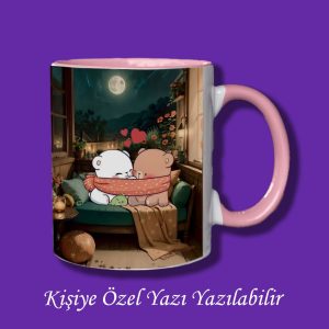 Sevgili ve Eşlere Özel Ayıcık Tasarımlı Yazı Yazılabilir Çiftyön Baskılı Renkli Kupa Bardak