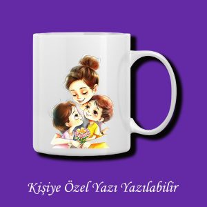Kişiye Özel Yazı Yazılabilir Anne ve 2 Çocuk Tasarımlı Çiftyön Baskılı Kupa Bardak