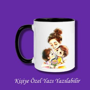 Kişiye Özel Yazı Yazılabilir Anne ve 2 Çocuk Tasarımlı Çiftyön Baskılı Kupa Bardak