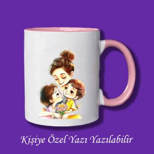 Kişiye Özel Yazı Yazılabilir Anne ve 2 Çocuk Tasarımlı Çiftyön Baskılı Kupa Bardak