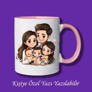 İsme Özel 5 Kişilik Aile Resmi Baskılı Renkli Kupa Bardak