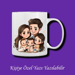 İsme Özel 5 Kişilik Aile Resmi Baskılı Renkli Kupa Bardak