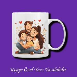 İsme Özel 4 Kişilik Aile Resmi Baskılı Renkli Kupa Bardak