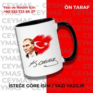 Kişiye Özel İsim Yazılabilir Atatürk, Bayrak ve Atatürk İmzası Baskılı Renkli Kupa Bardak