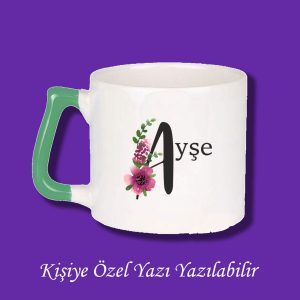 İsme Özel Baş Harf ve İsim Baskılı Çiçek Desenli Renkli Kupa Bardak ve Kahve Fincanı