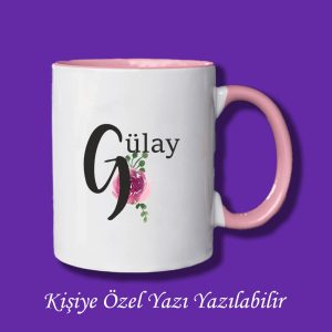 İsme Özel Baş Harf ve İsim Baskılı Çiçek Desenli Renkli Kupa Bardak ve Kahve Fincanı