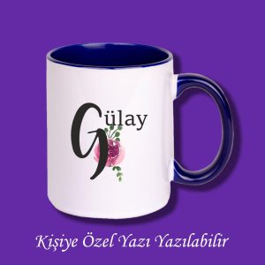 İsme Özel Baş Harf ve İsim Baskılı Çiçek Desenli Renkli Kupa Bardak ve Kahve Fincanı