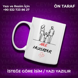 Kişiye Özel İsimli Aile Huzurdur Baskılı Hediyelik Renkli Kupa Bardak